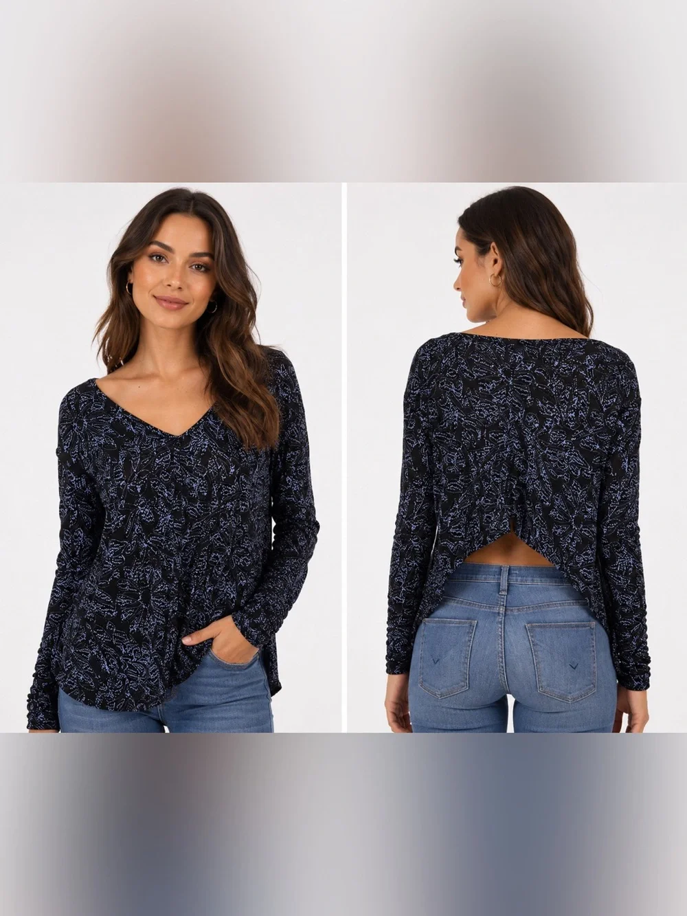 Free People High Low Split Back Top Size Small Black Blue Floral